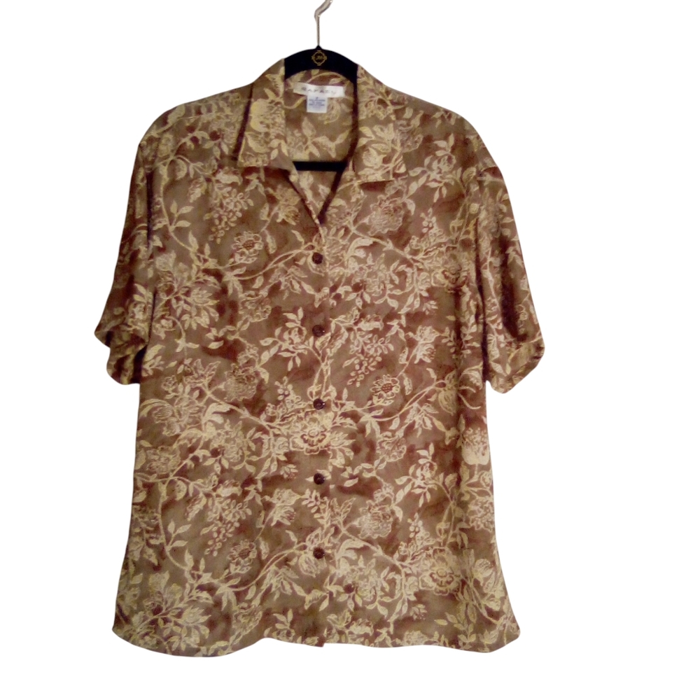Vintage RAFAEL Semi Sheer Floral Print Button Down Shirt Size 8 Brown Multi